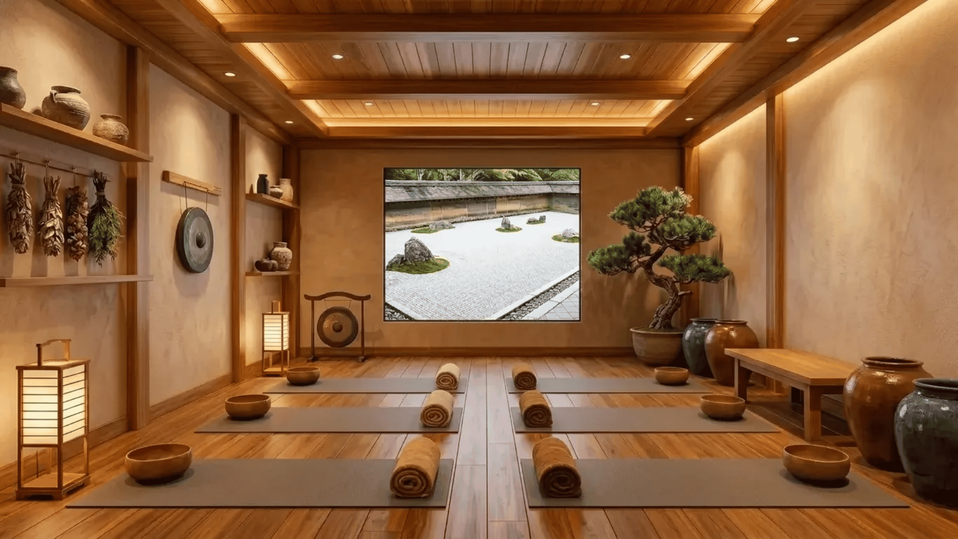 Zen-style basement yoga room with warm lighting, yoga mats, bonsai tree, and a TV view of a Japanese rock garden.