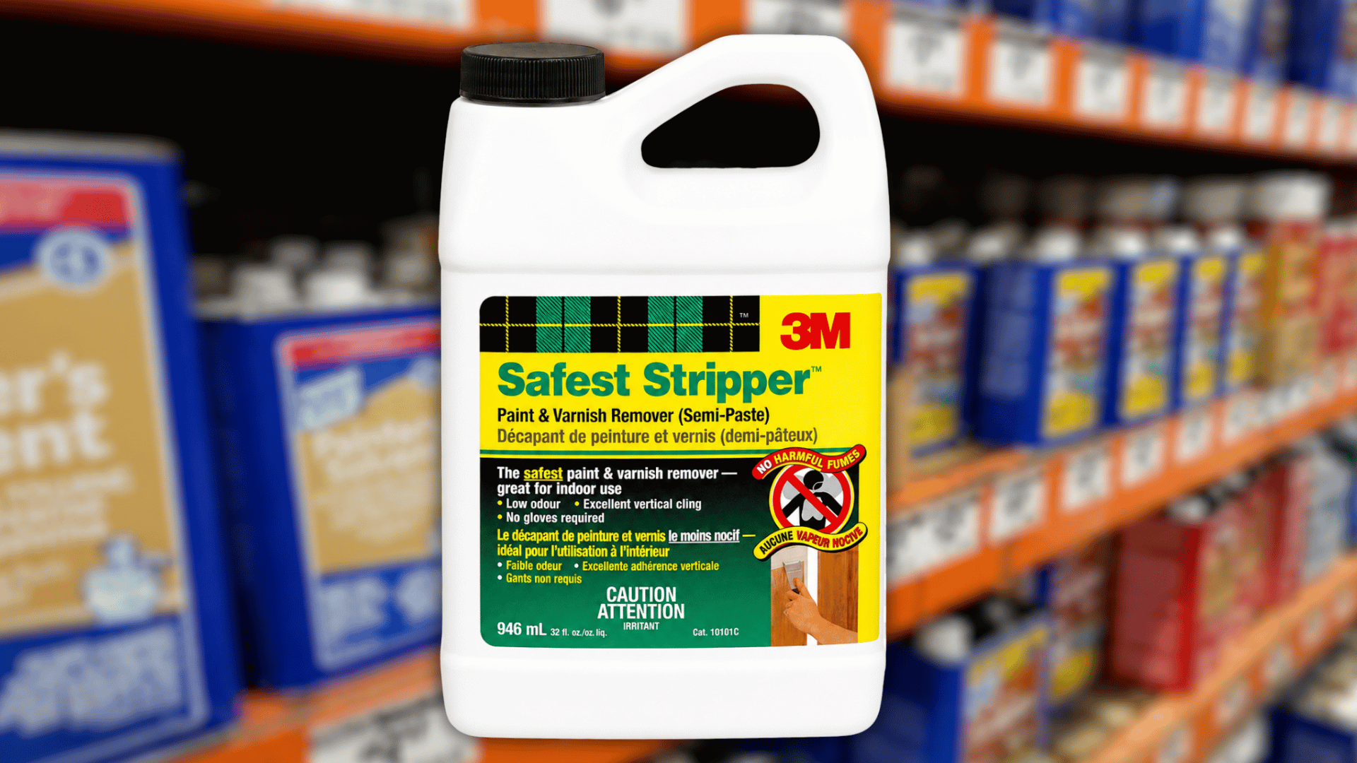 3m safest stripper paint & varnish remover jug, 946 ml, on blurred store shelf background