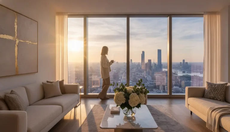 Person standing in modern living room with floor-to-ceiling window overlooking city skyline at sunset