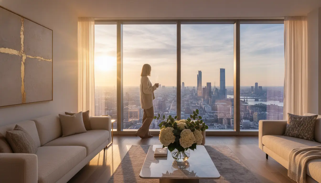 Person standing in modern living room with floor-to-ceiling window overlooking city skyline at sunset
