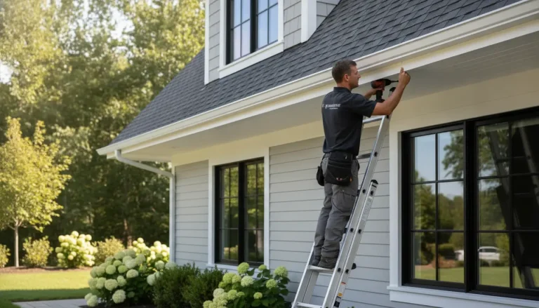 Worker on ladder fixing gutter of gray house in garden setting