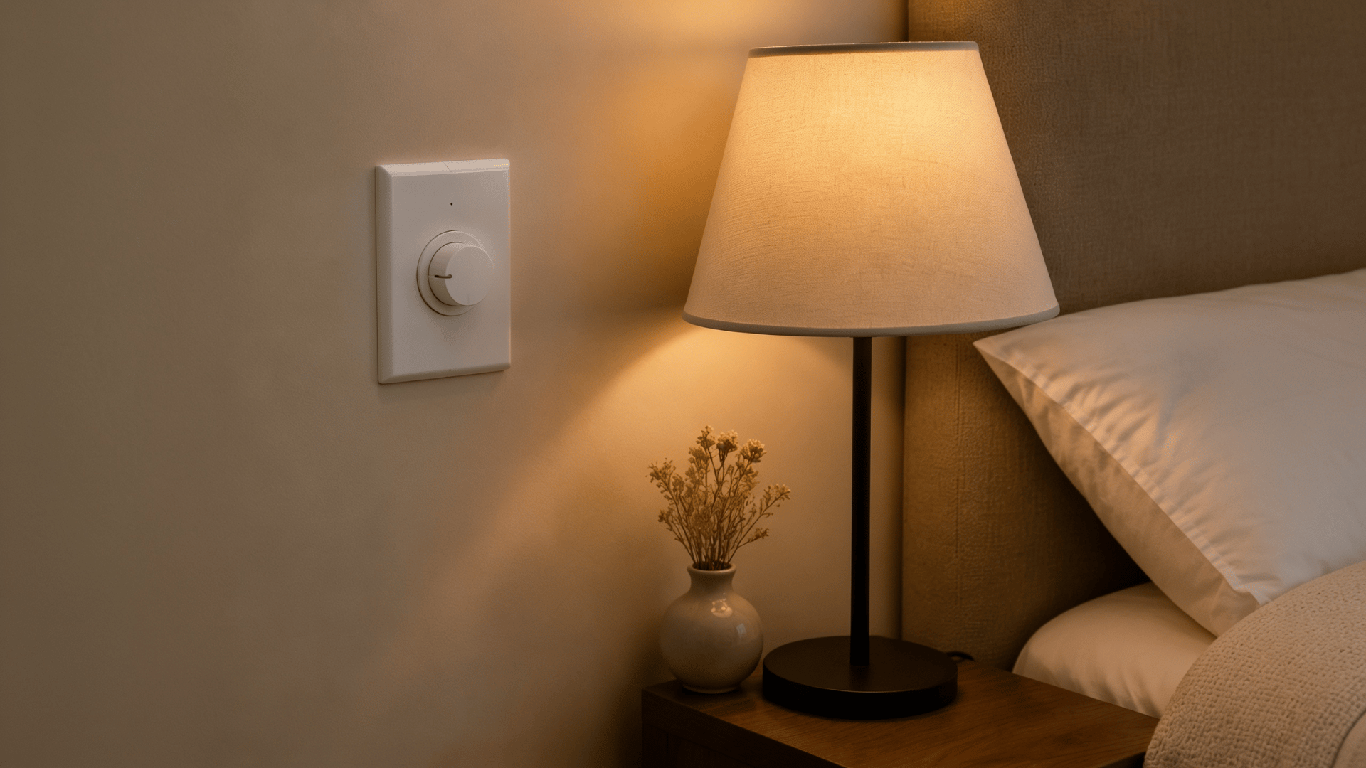 Minimalist bedroom ideas warm bedside lamp with soft ambient lighting