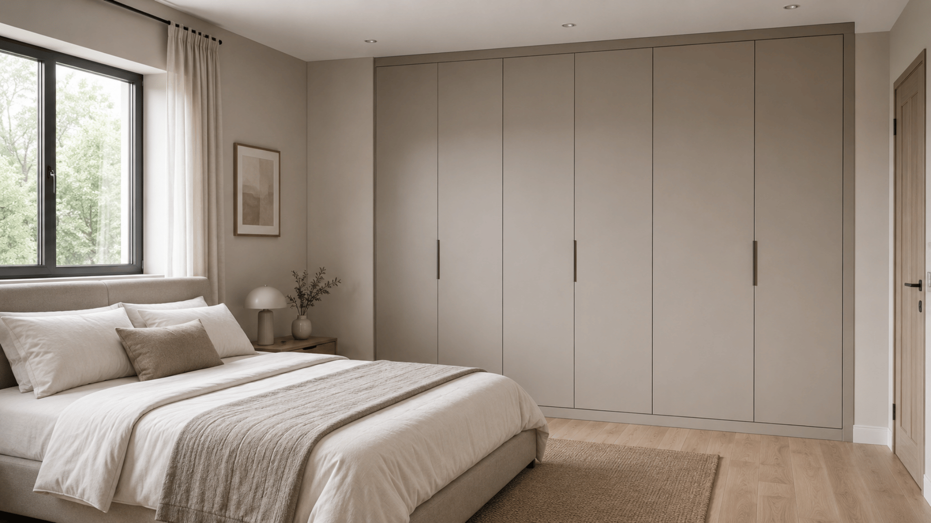 Minimalist bedroom ideas with built-in wardrobe and neutral-toned bedding