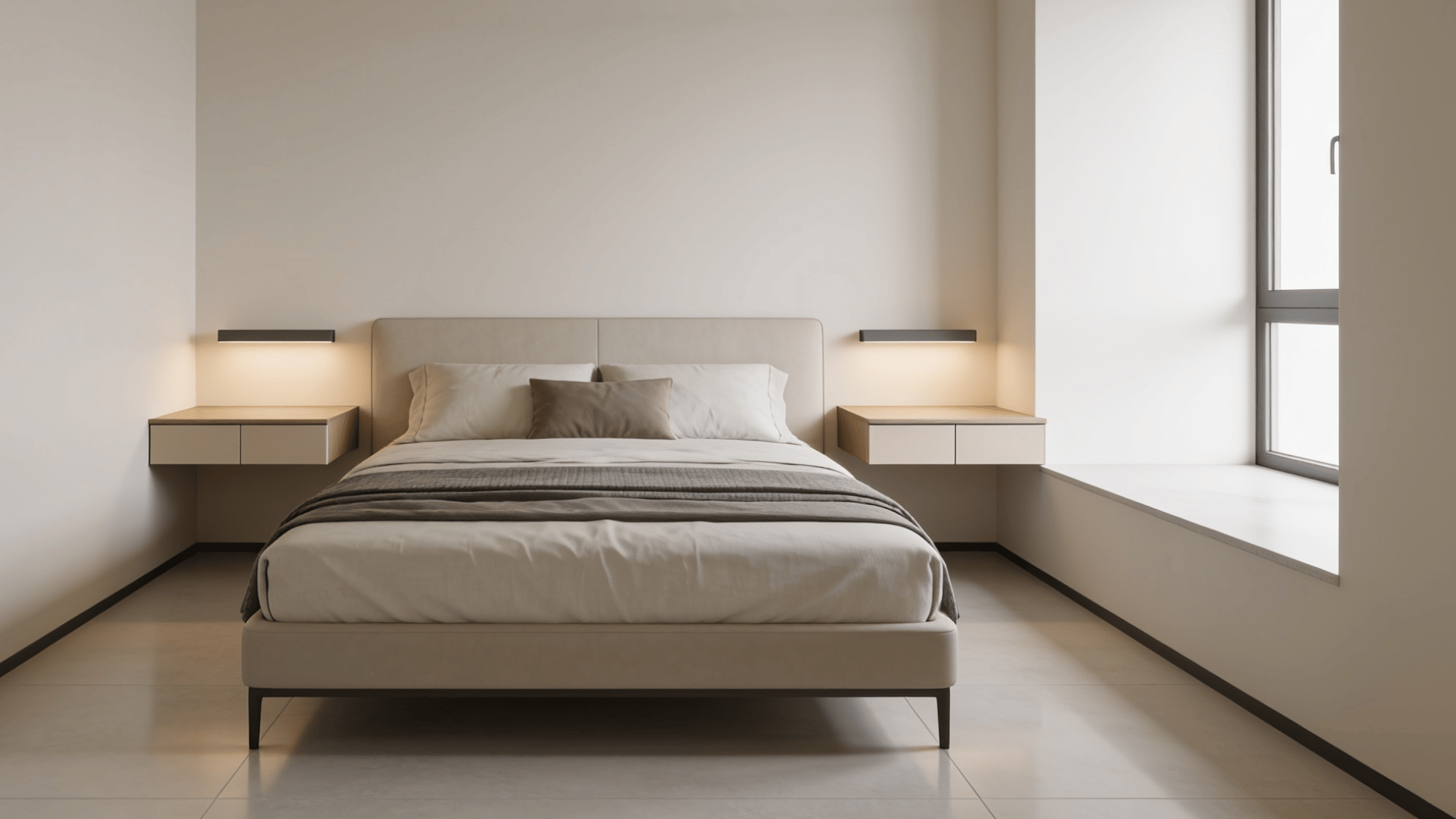 Bed with floating nightstands and open floor space underneath