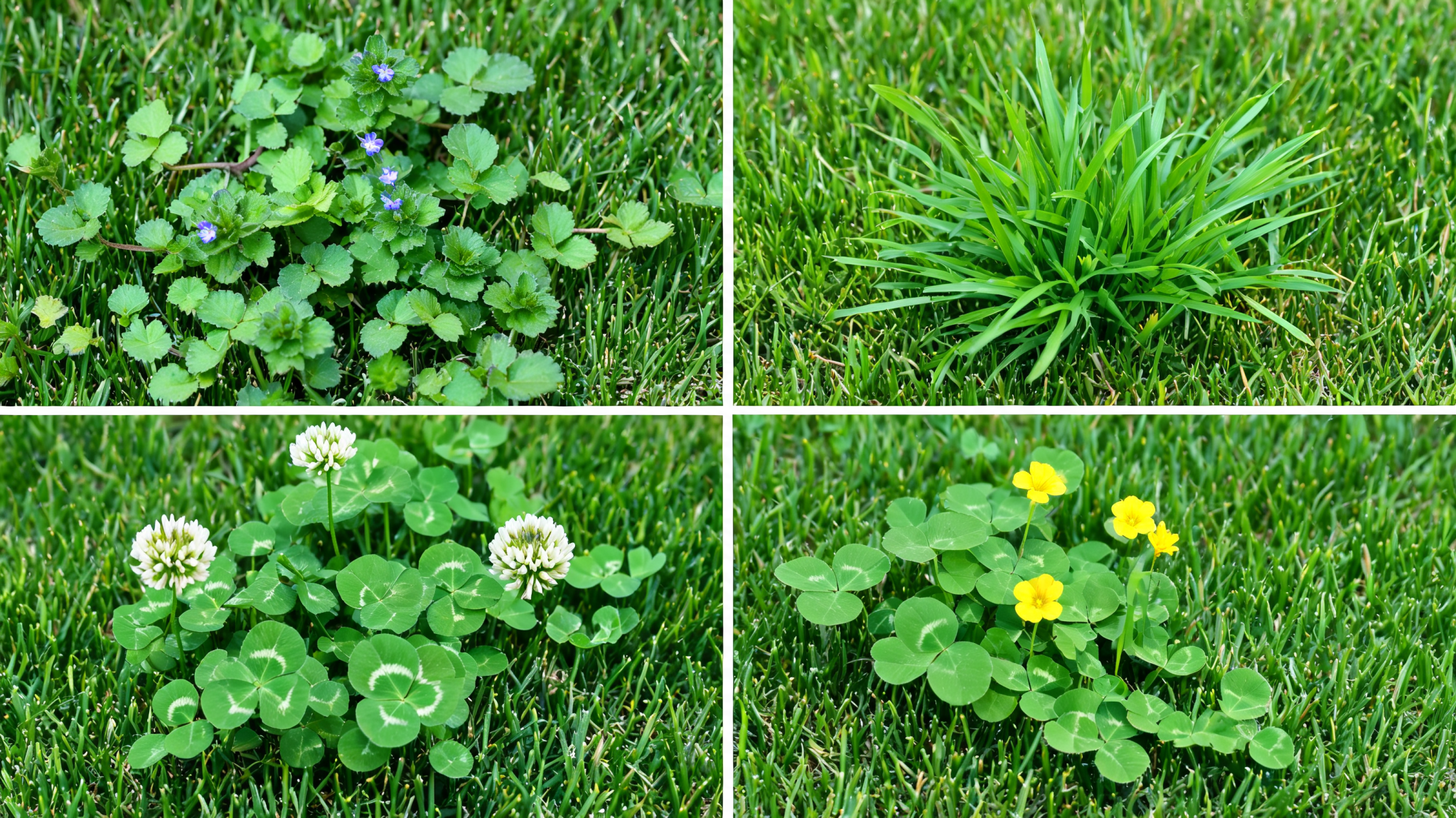 Four types of lawn weeds showing different leaf shapes and flowers growing in grass.