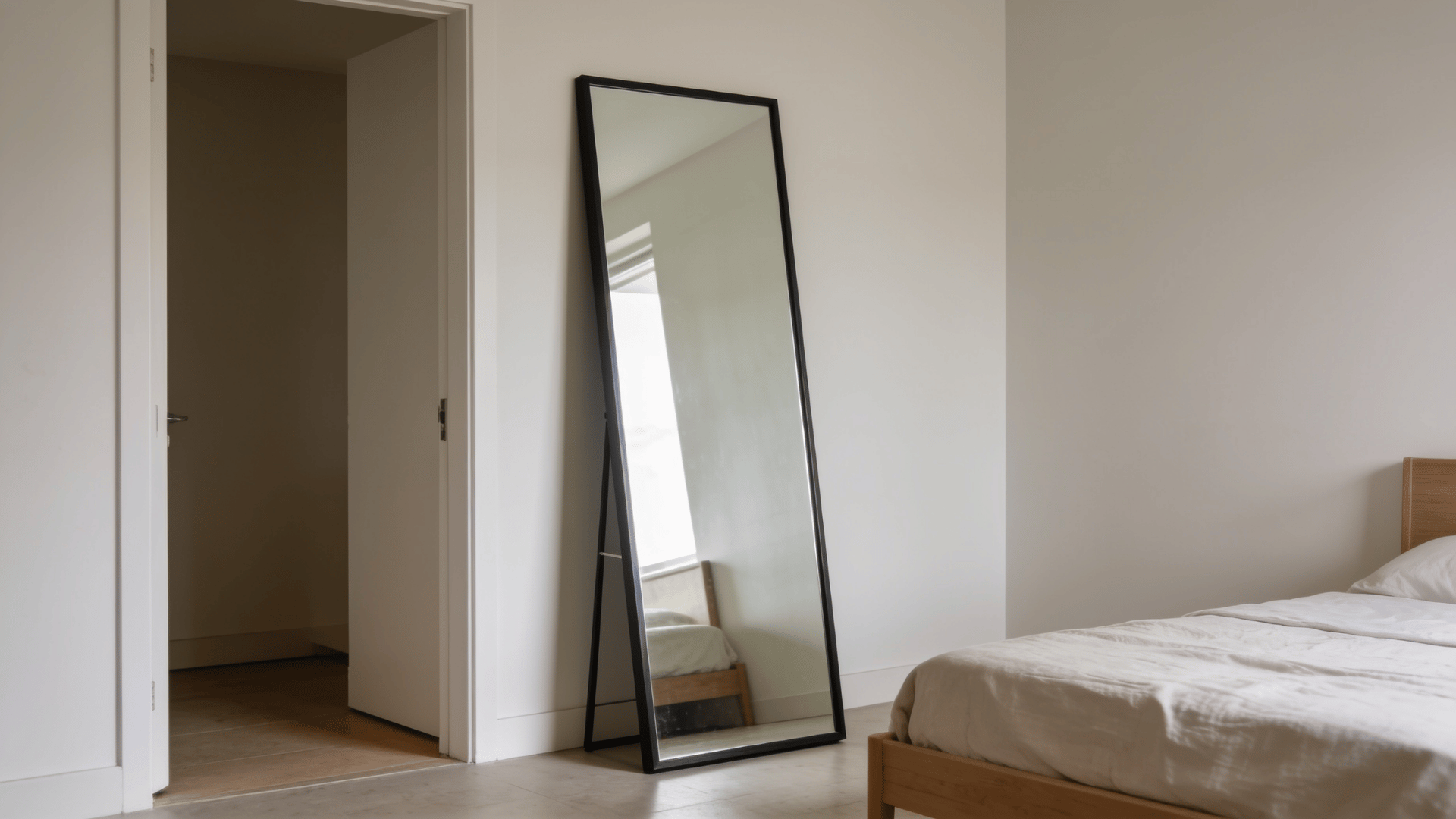 Full-length leaning mirror in a bedroom corner with clear space around it