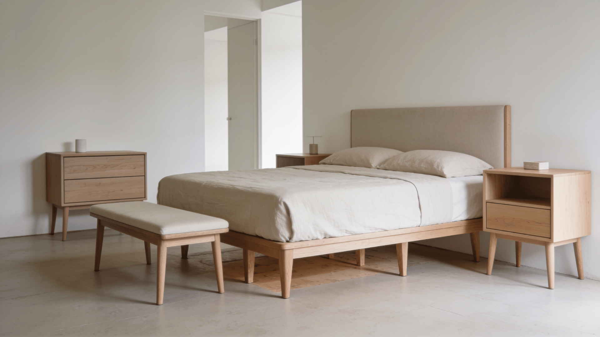 Bedroom with bed, nightstands, and bench featuring exposed legs