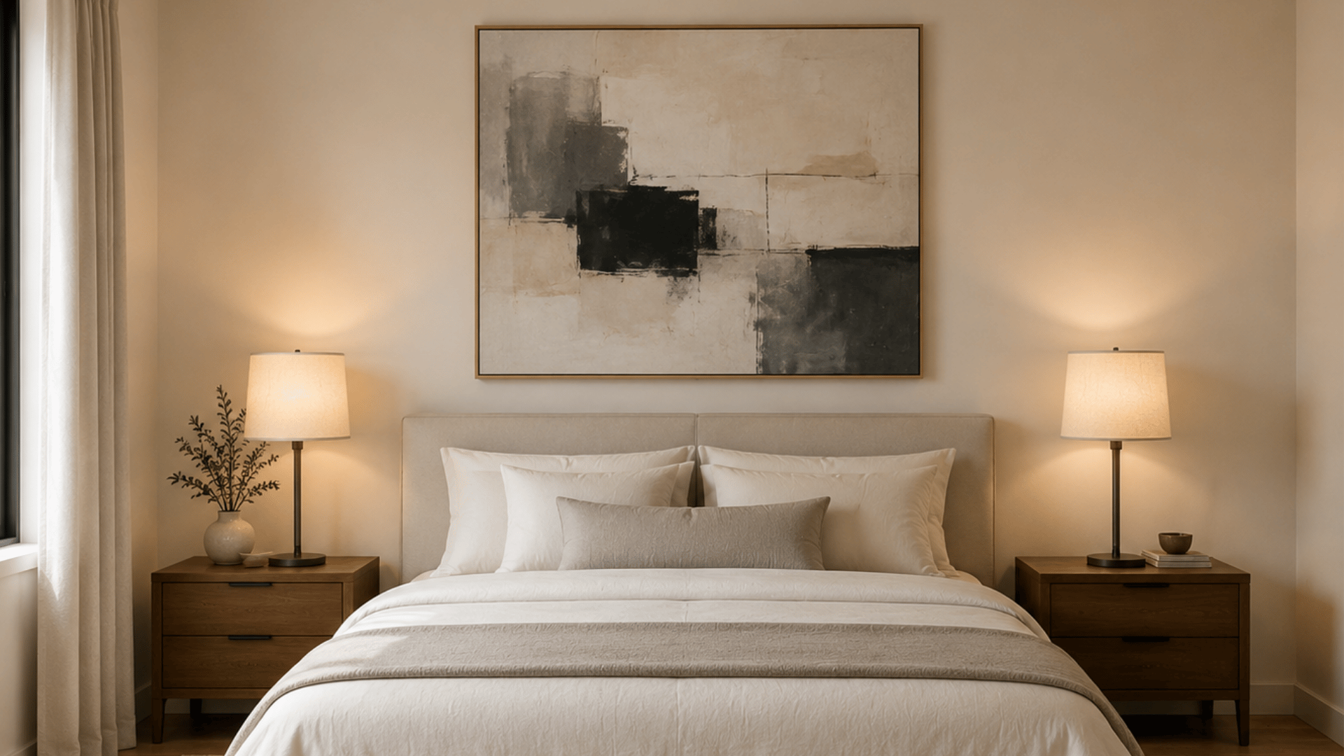 Minimalist bedroom ideas with warm bedside lighting and abstract wall art