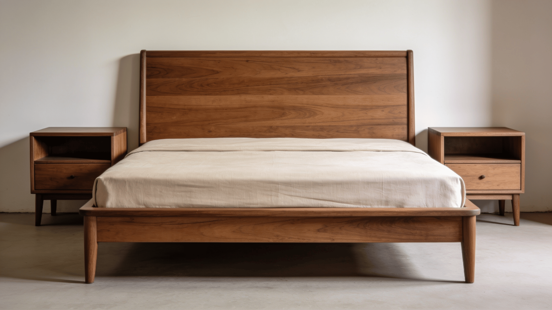 Bed and nightstands in matching wood tones in a bedroom