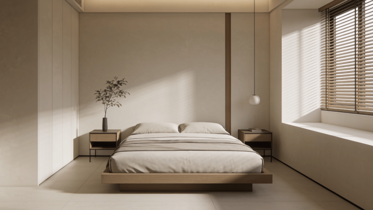 Minimalist bedroom ideas with low platform bed and simple wooden nightstands.