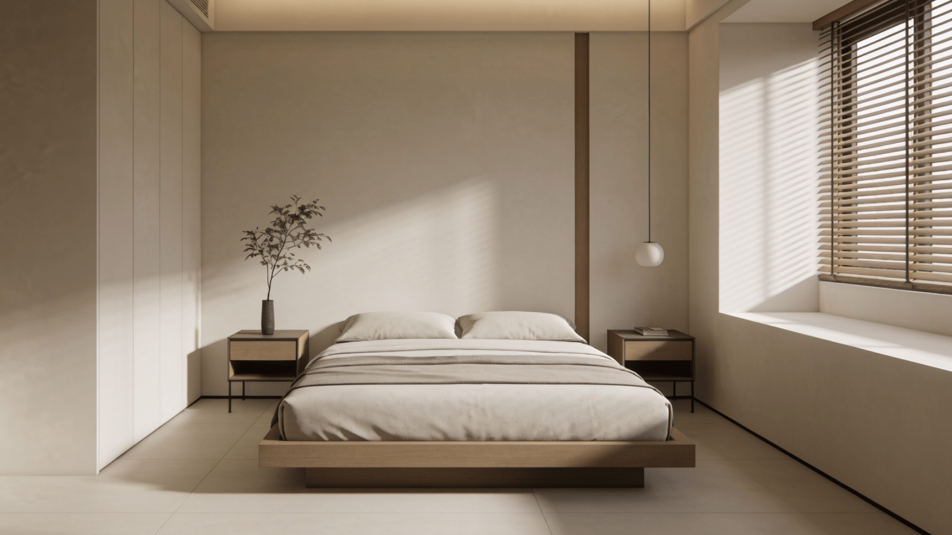Minimalist bedroom ideas with low platform bed and simple wooden nightstands.