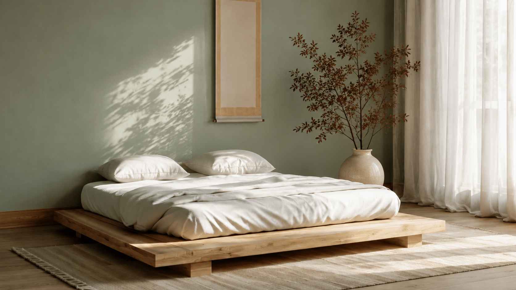 Minimalist bedroom ideas with a low wooden bed, white bedding, and sheer curtains.