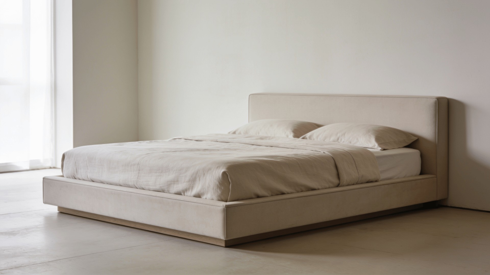 Low-profile platform bed in a minimalist bedroom