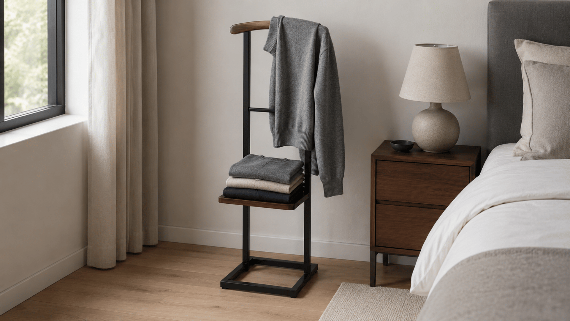 Minimalist bedroom ideas with clothing rack, folded clothes
