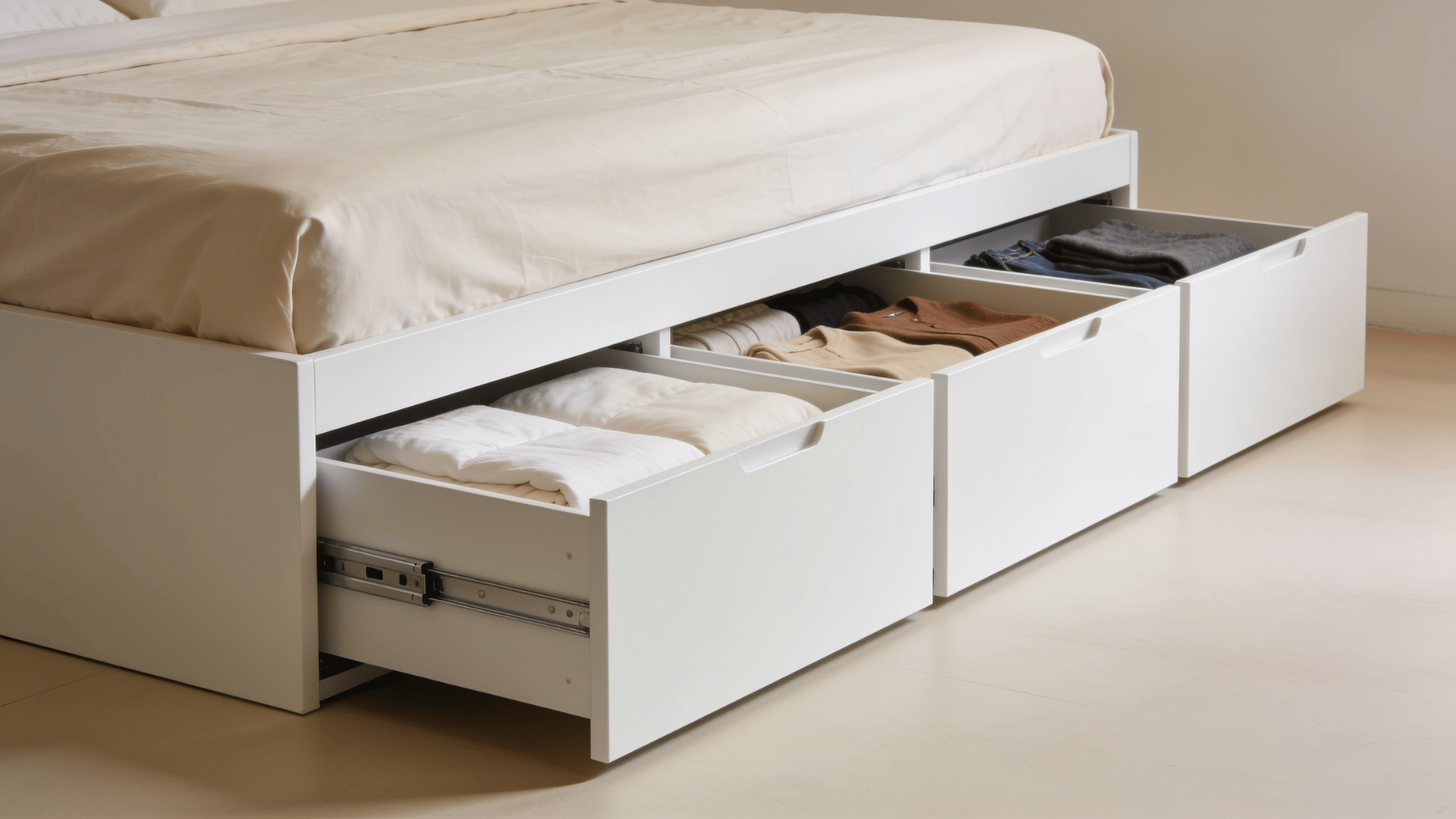 Bed with under-bed drawers storing folded clothes and bedding