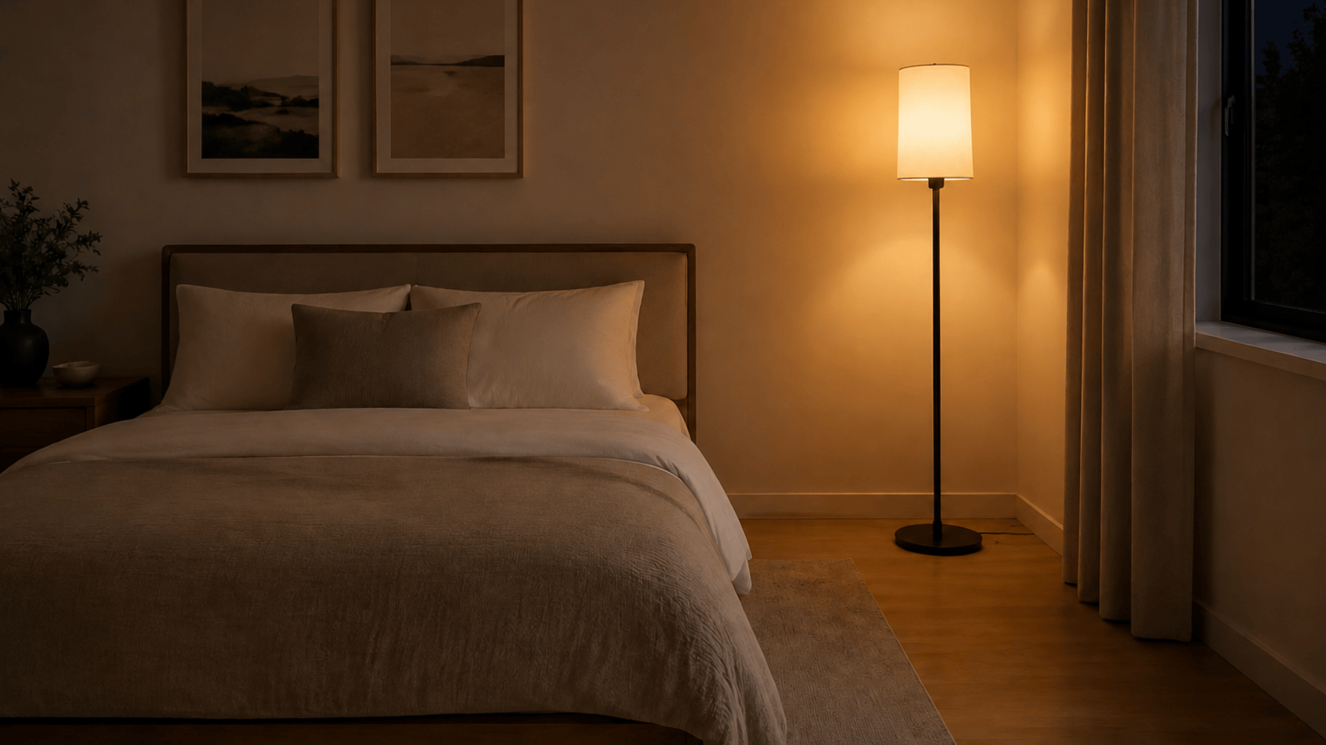 Minimalist bedroom ideas with warm ambient floor lamp lighting