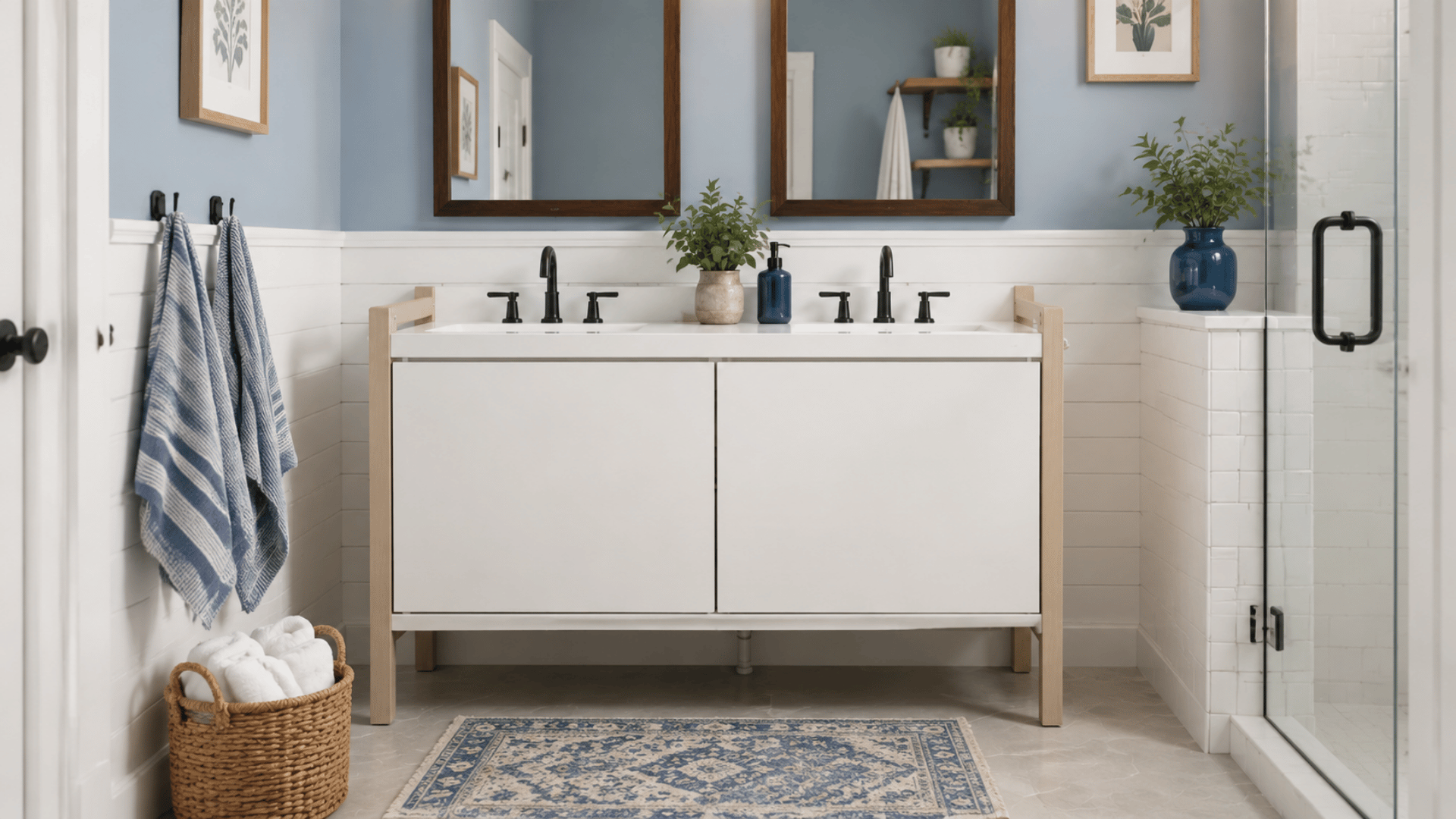 a assembled pax hack bathroom vanity image from front in a farmhouse style decor blue and white themed modern bathroom
