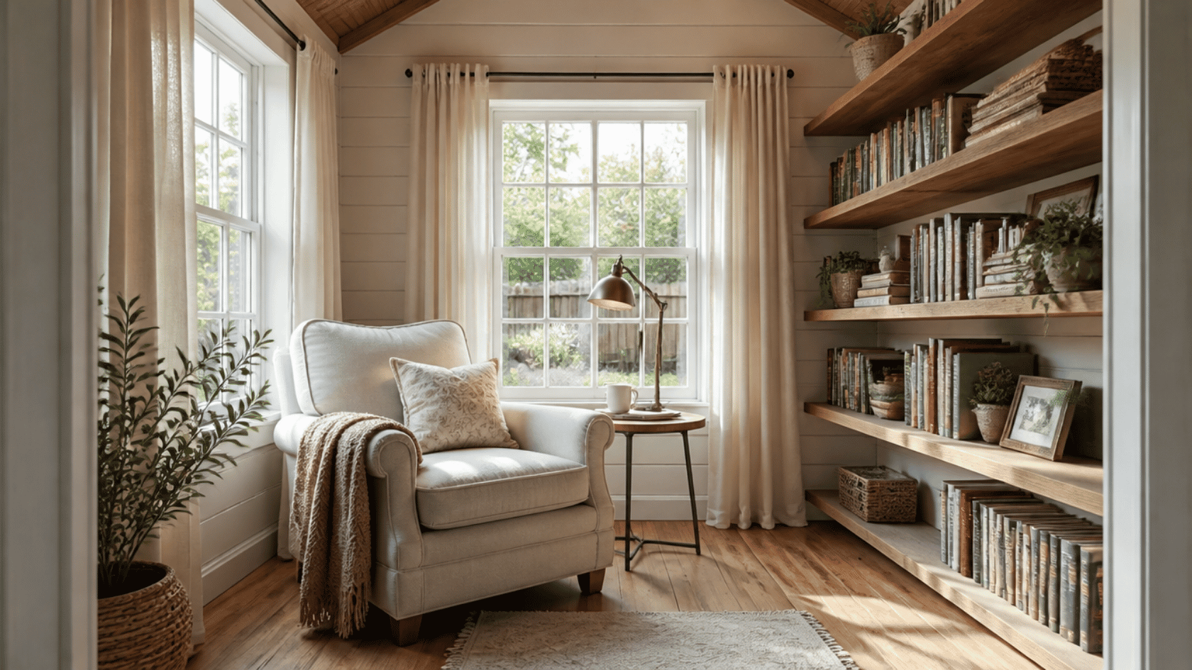 a backyard she shed interior set up as a reading nook with a cushioned armchair near a window wooden wall shelves filled with books