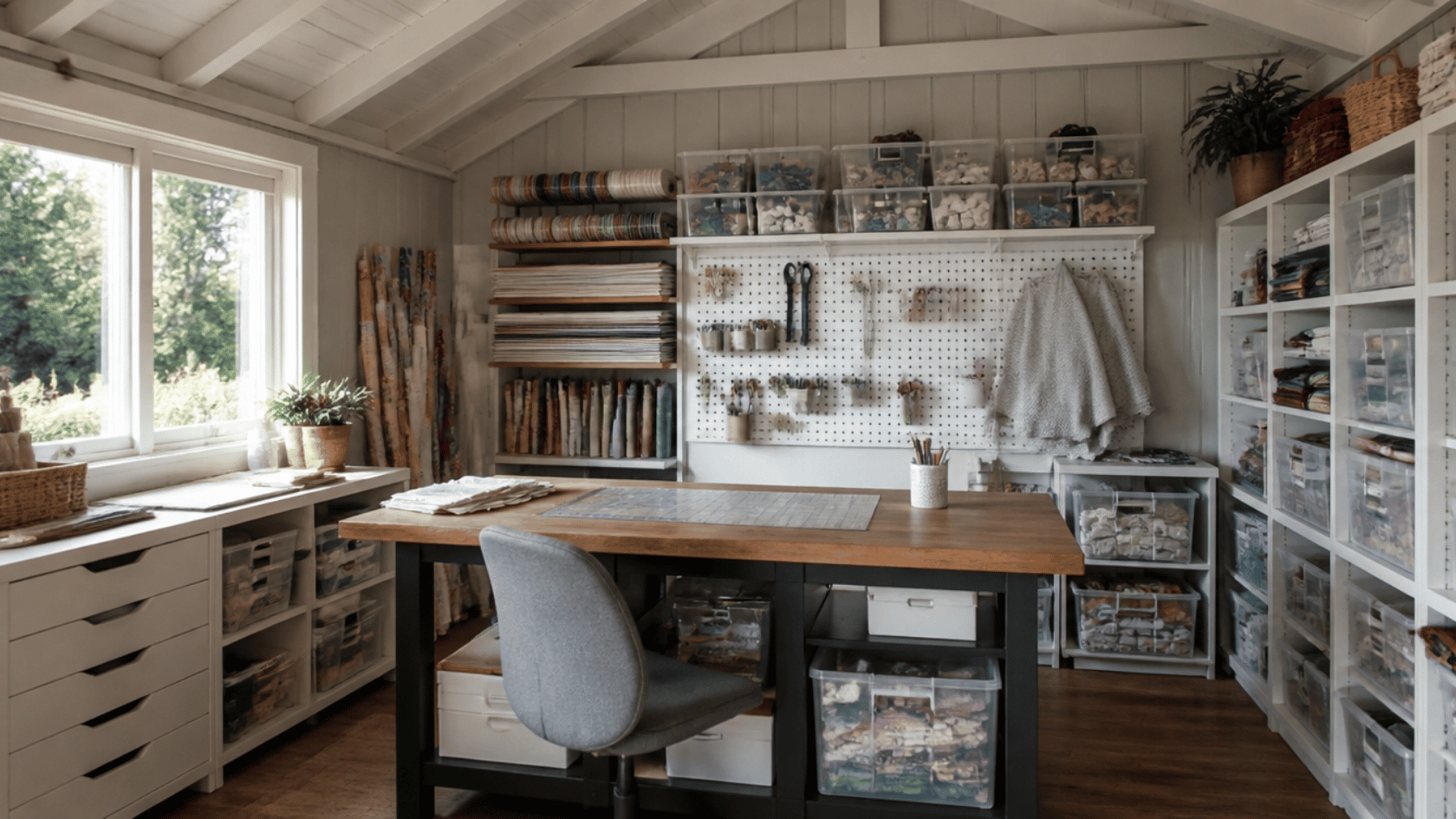a backyard she shed interior used as a craft room with a sturdy worktable in the centre neatly arranged craft supplies in clear bins