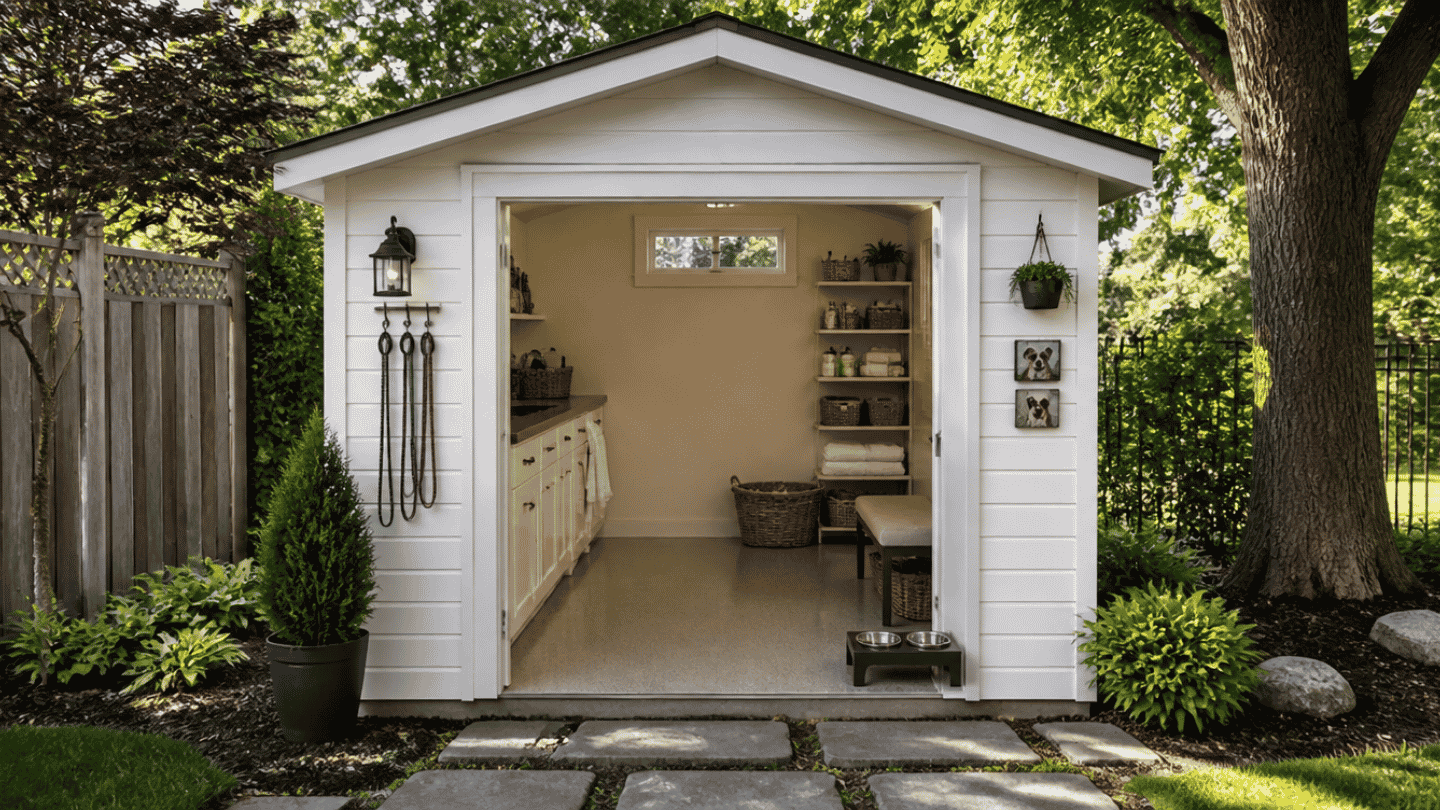 a backyard she shed shown from a front angle with the door open revealing a pet care setup inside