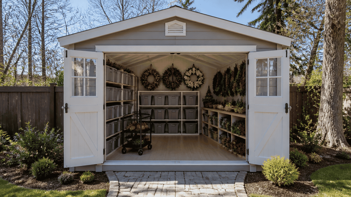 a backyard she shed shown from a front angle with the door open revealing a seasonal decor storage setup inside