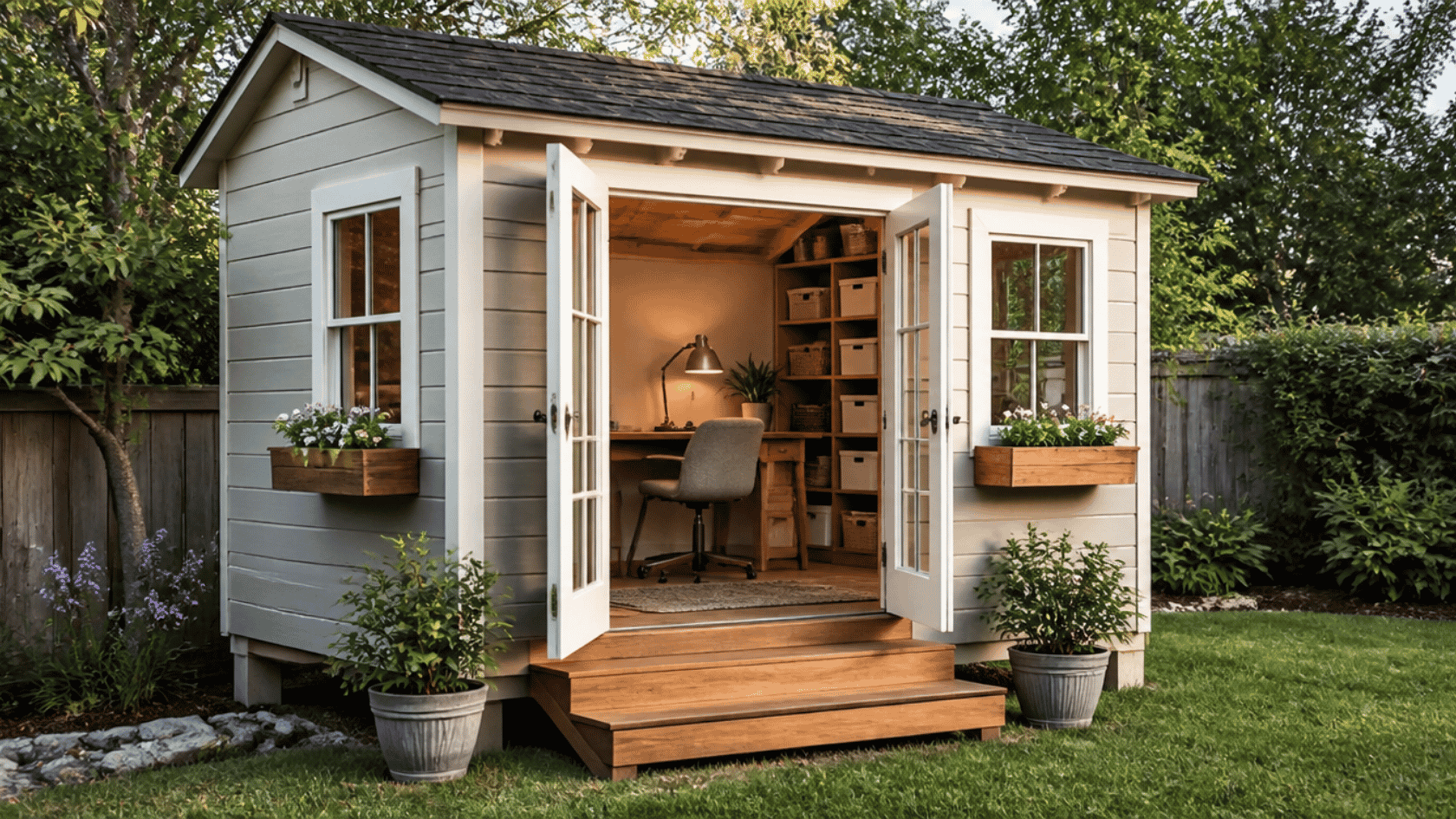 a backyard she shed shown from outside at a slight angle with the shed door open to reveal a home office inside mix of exterior and interior view