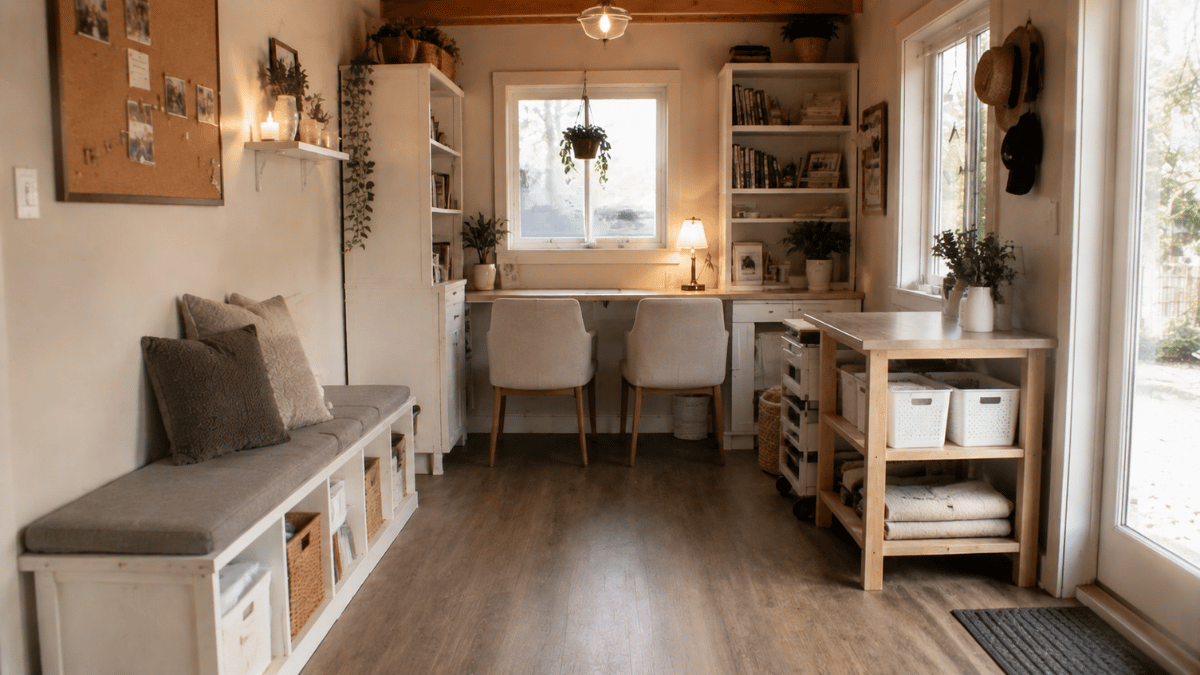 a backyard she shed shown fully in frame from a front angle with the door open revealing a multi use interior setting