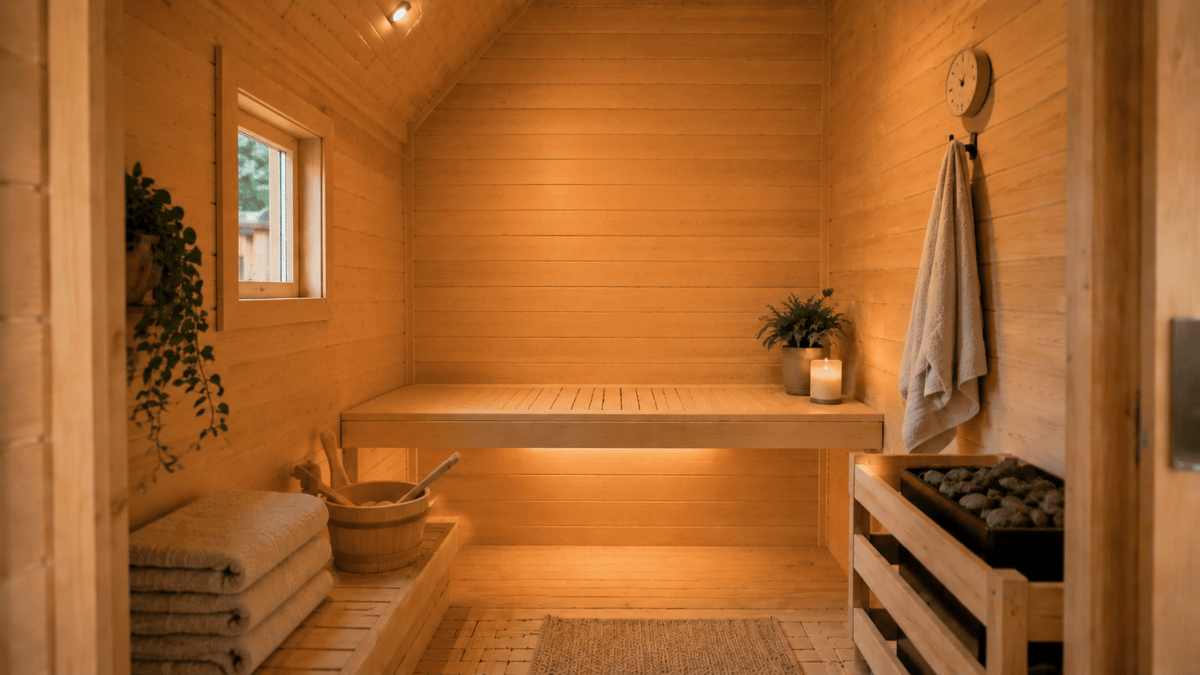 a cozy she shed sauna interior with wooden benches soft lighting and a calm private relaxation space