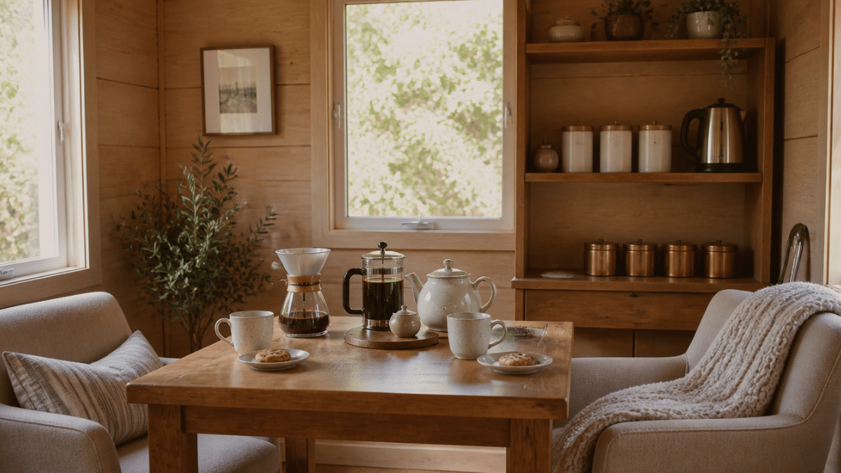 a cozy tea and coffee she shed interior with a simple practical layout small wooden table set for two with ceramic mugs