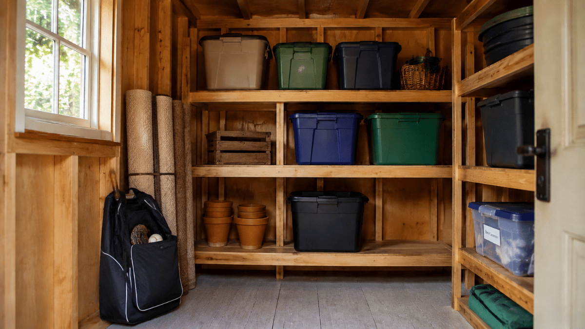 a daylight setup of a backyard she shed with double doors open showing a hobby storage setup inside