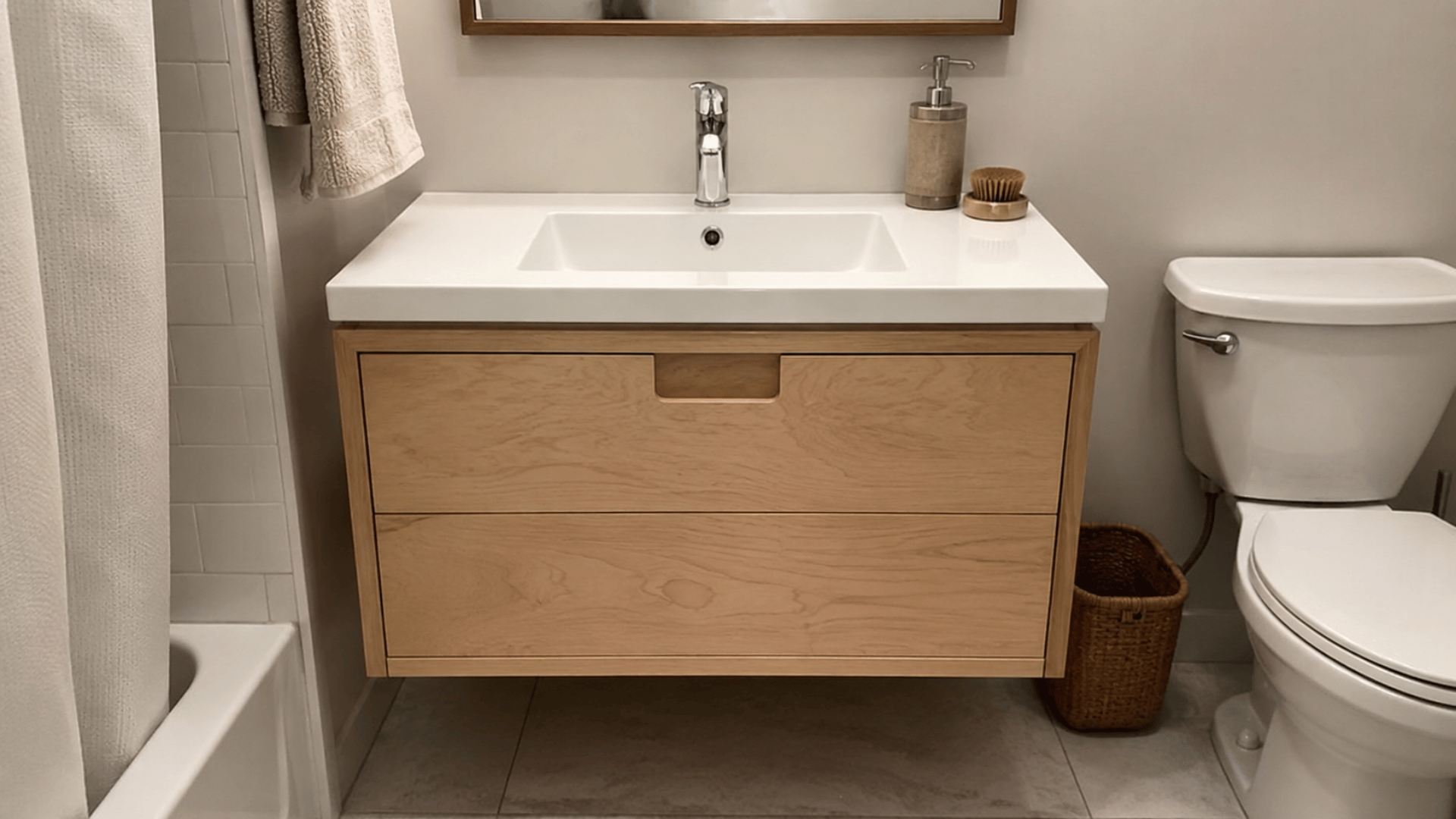 a diy wooden support plywood cutout bathroom vanity in a simple bathroom setup indoor white lighting and other restroom items