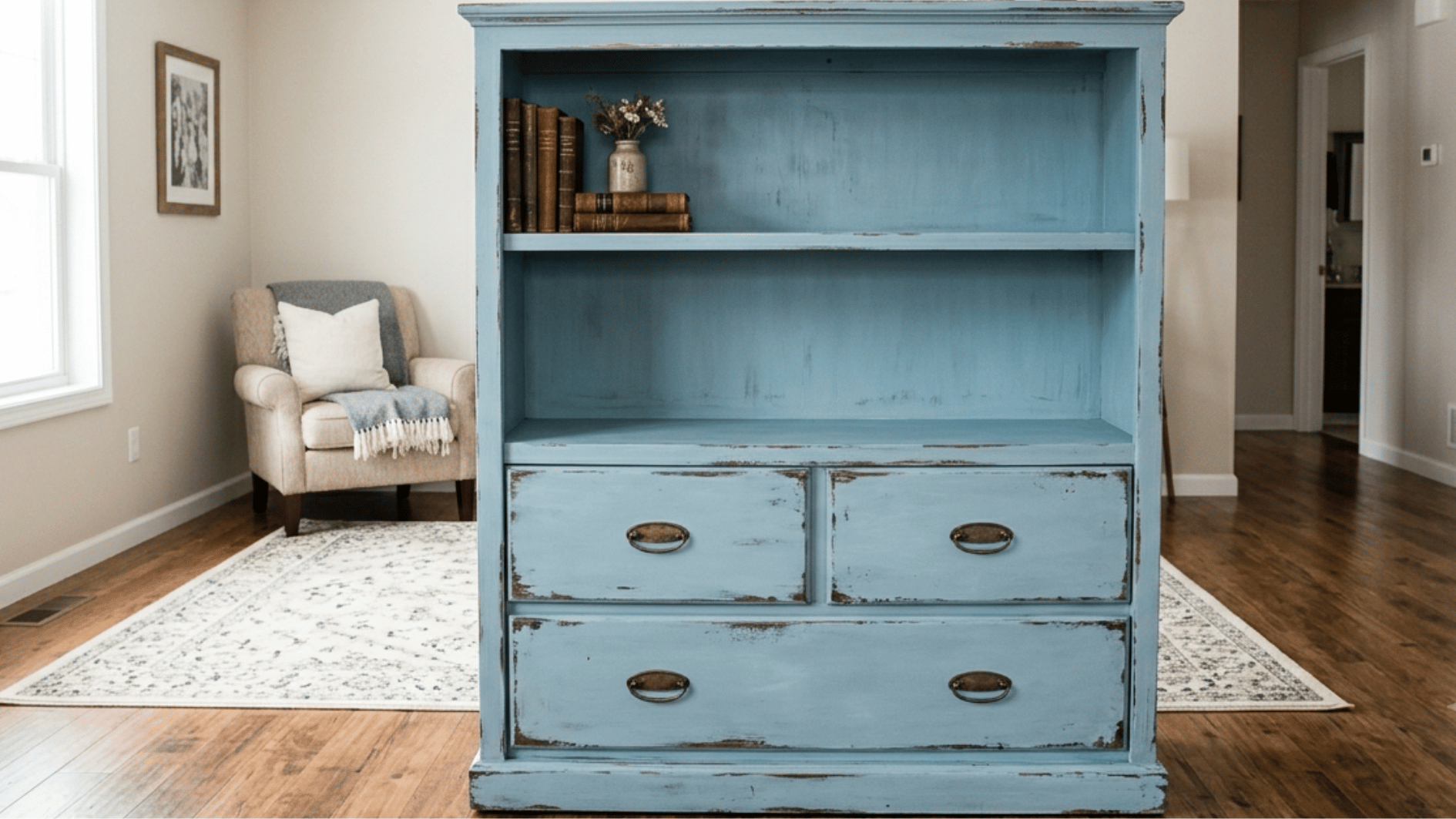 a finished rustic wooden cabinet painted in distressed blue milk paint in a farmhouse room