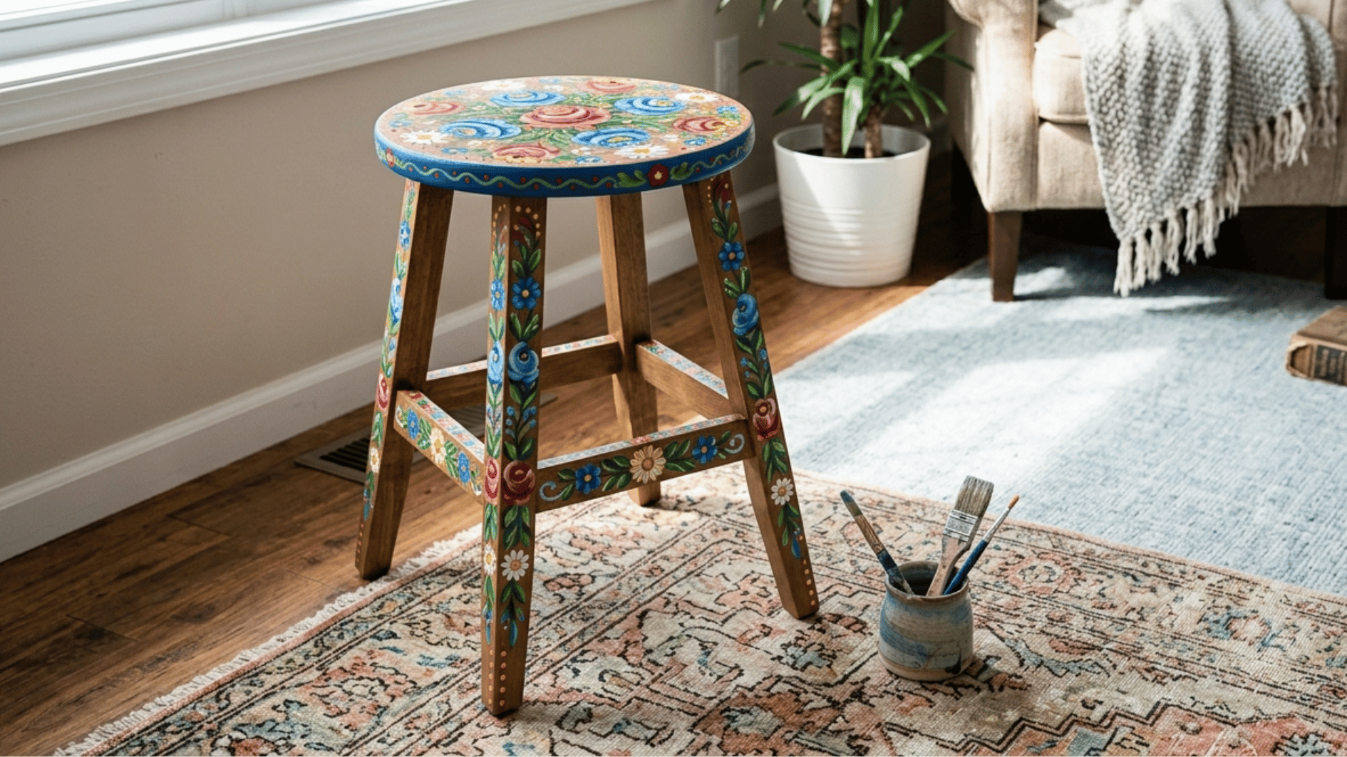 a finished small wooden stool decorated with hand painted floral acrylic designs near a window