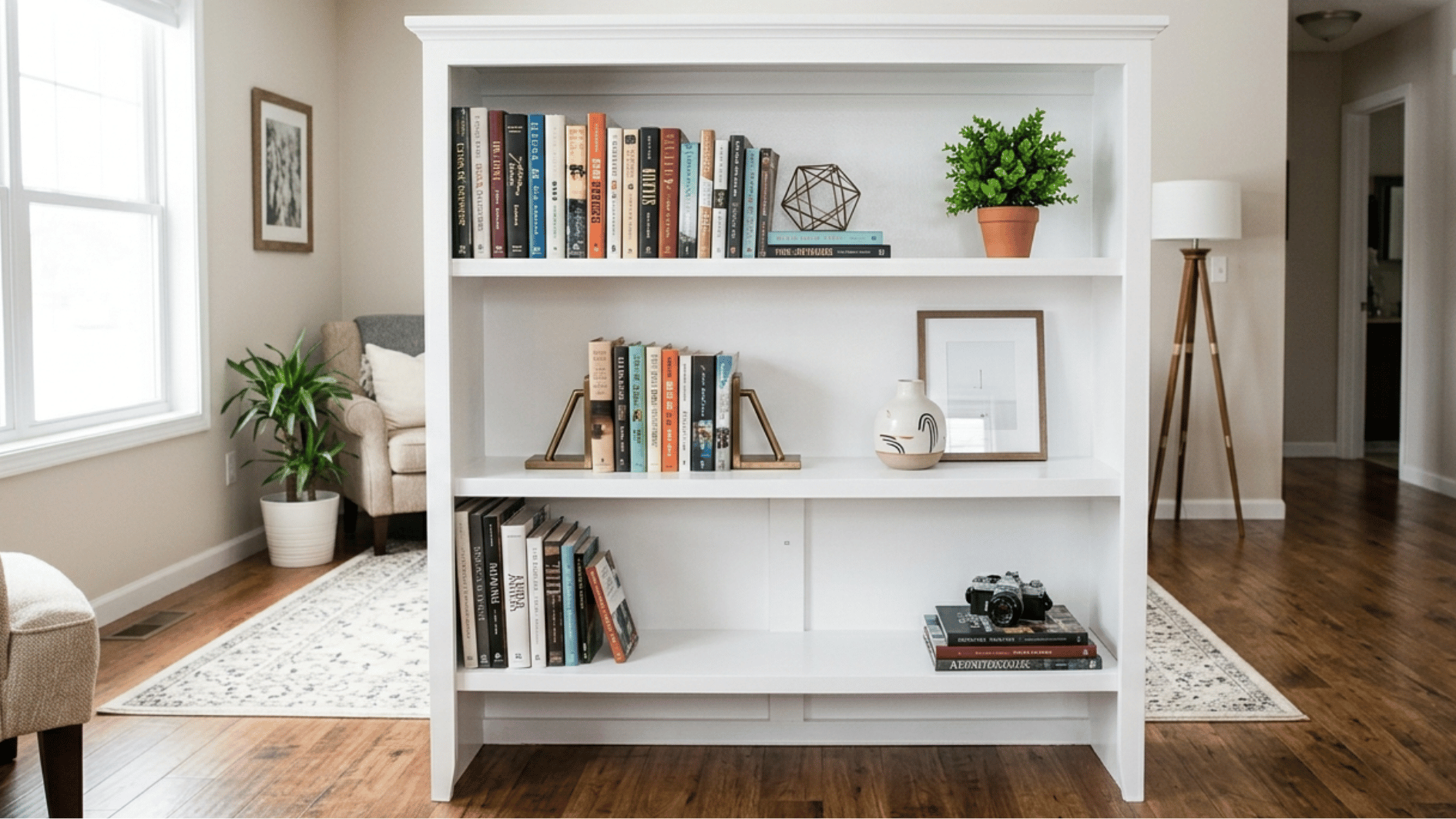 _a finished white wooden bookshelf painted with latex paint styled with books in a bright room