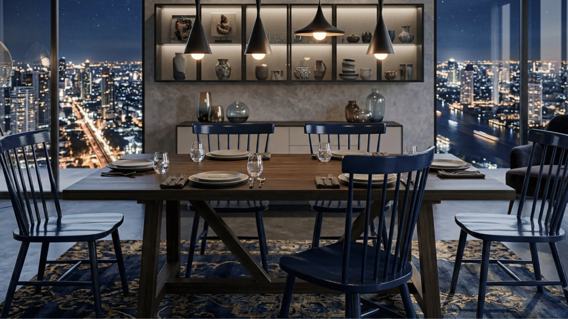 a finished wooden dining chair painted in deep navy oil based paint at a dining table