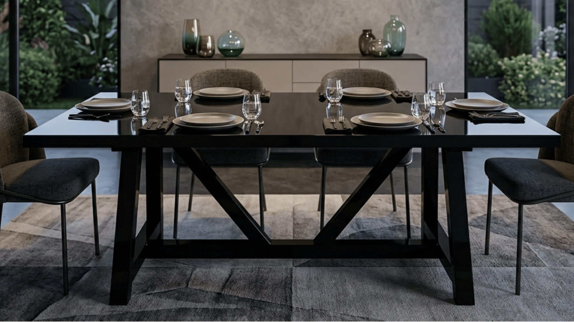 a finished wooden dining table with a glossy black enamel coat inside a modern dining room