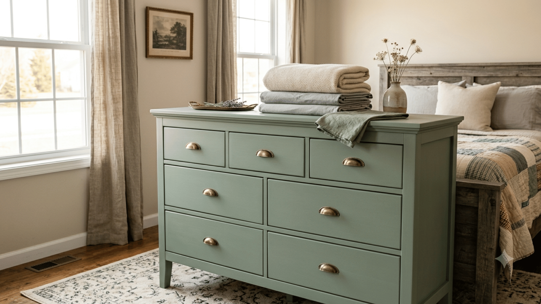 a finished wooden dresser painted in soft sage green chalk paint inside a farmhouse bedroom