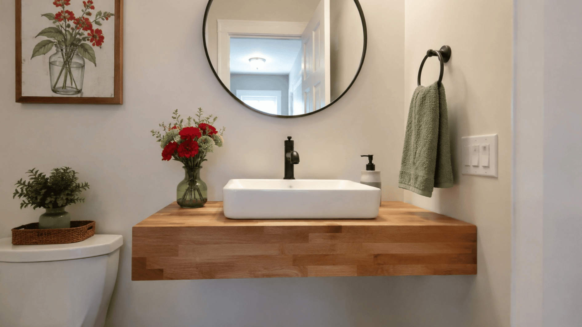 a floating butcher block vanity image in a red green themed simple household bathroom image from front (1)