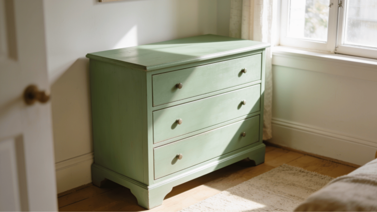 a freshly painted sage green wooden dresser sitting in a bright cozy room with paintbrush on top
