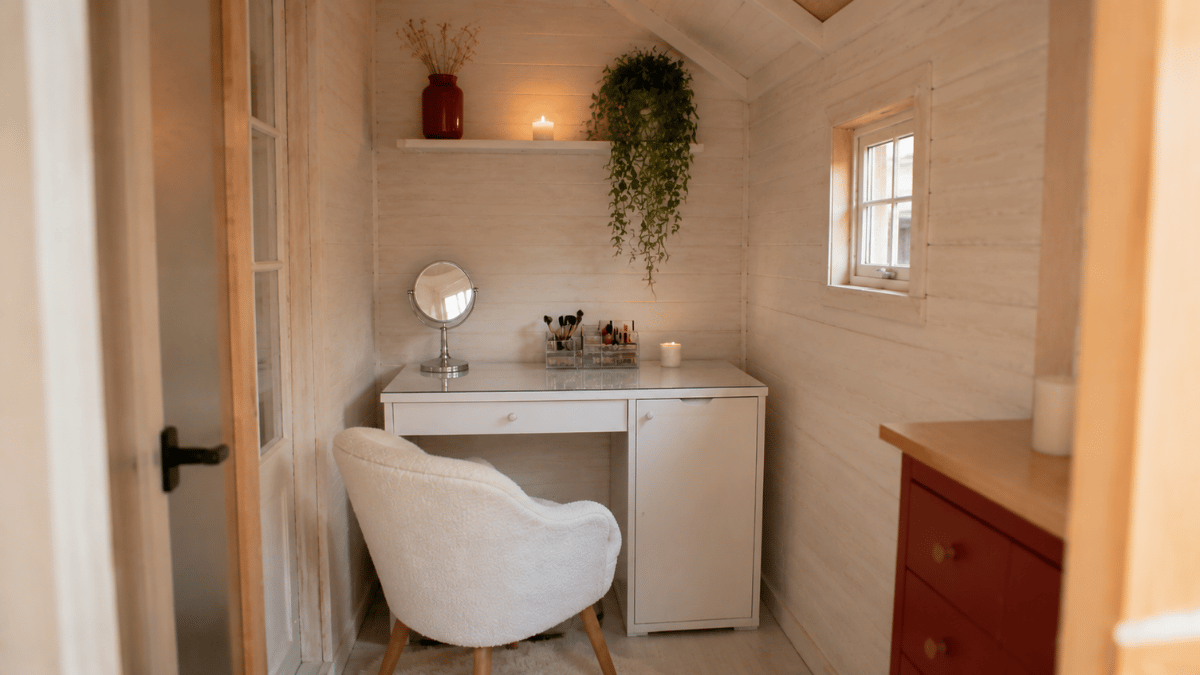 a full backyard she shed shown completely in frame from an outside front angle with the door open to reveal a makeup and getting ready setup