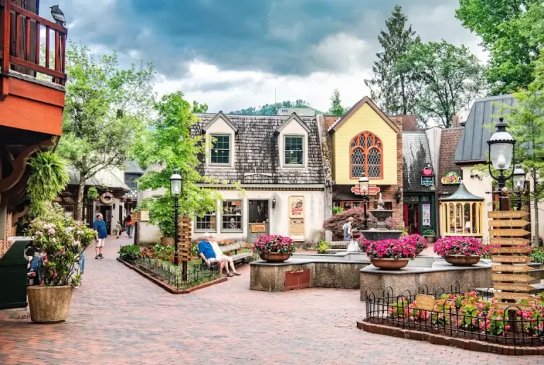 Charming village square with colorful shops, brick pathways, and blooming flower planters under cloudy sky