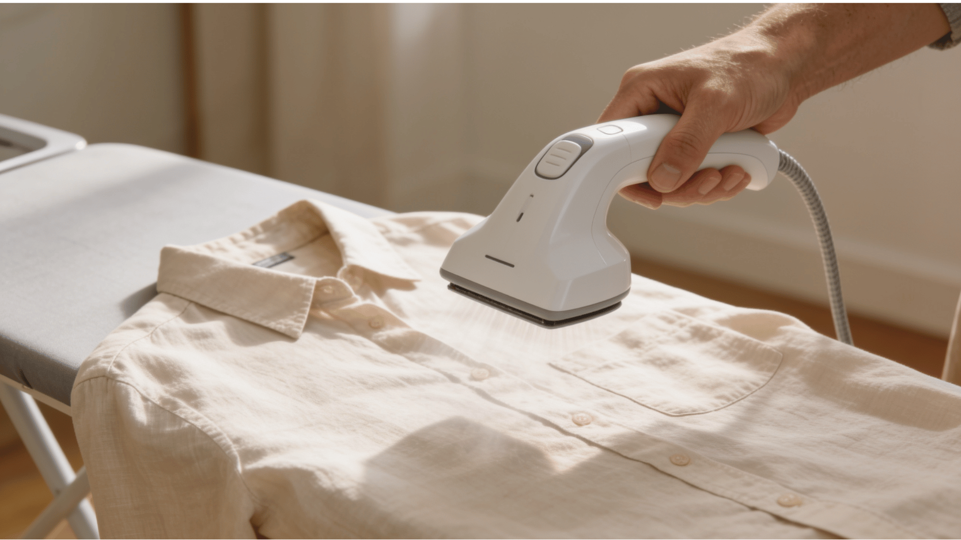 a hand holding a white handheld garment steamer hovering over a beige linen shirt on board You said Write a conclusion for a blog does linen shrink in the dryer