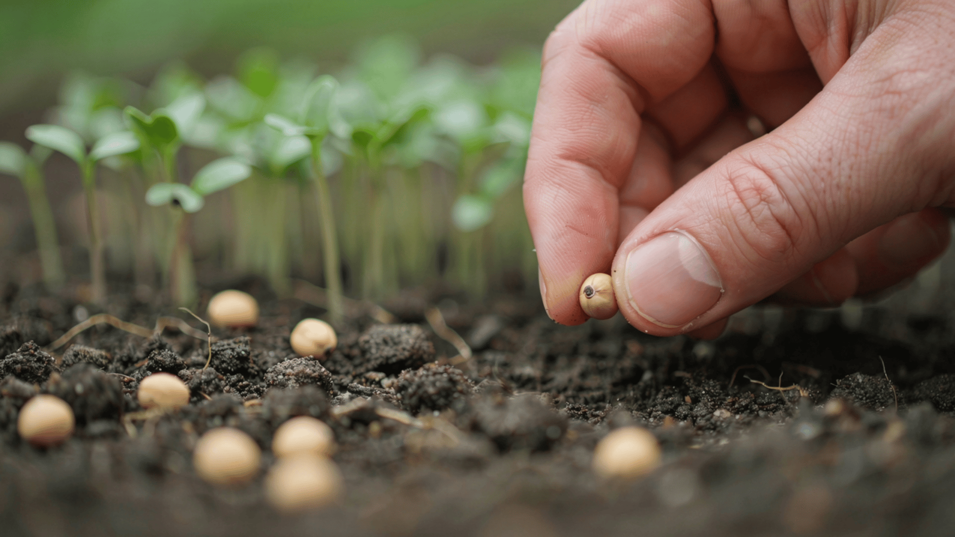 A hand placing a round beige seed onto dark soil, with small green seedlings growing in the background.