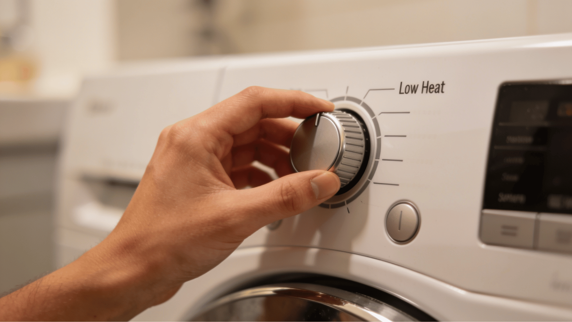 a hand turning the dryer dial down to the lowest heat setting to avoid shrinking linen