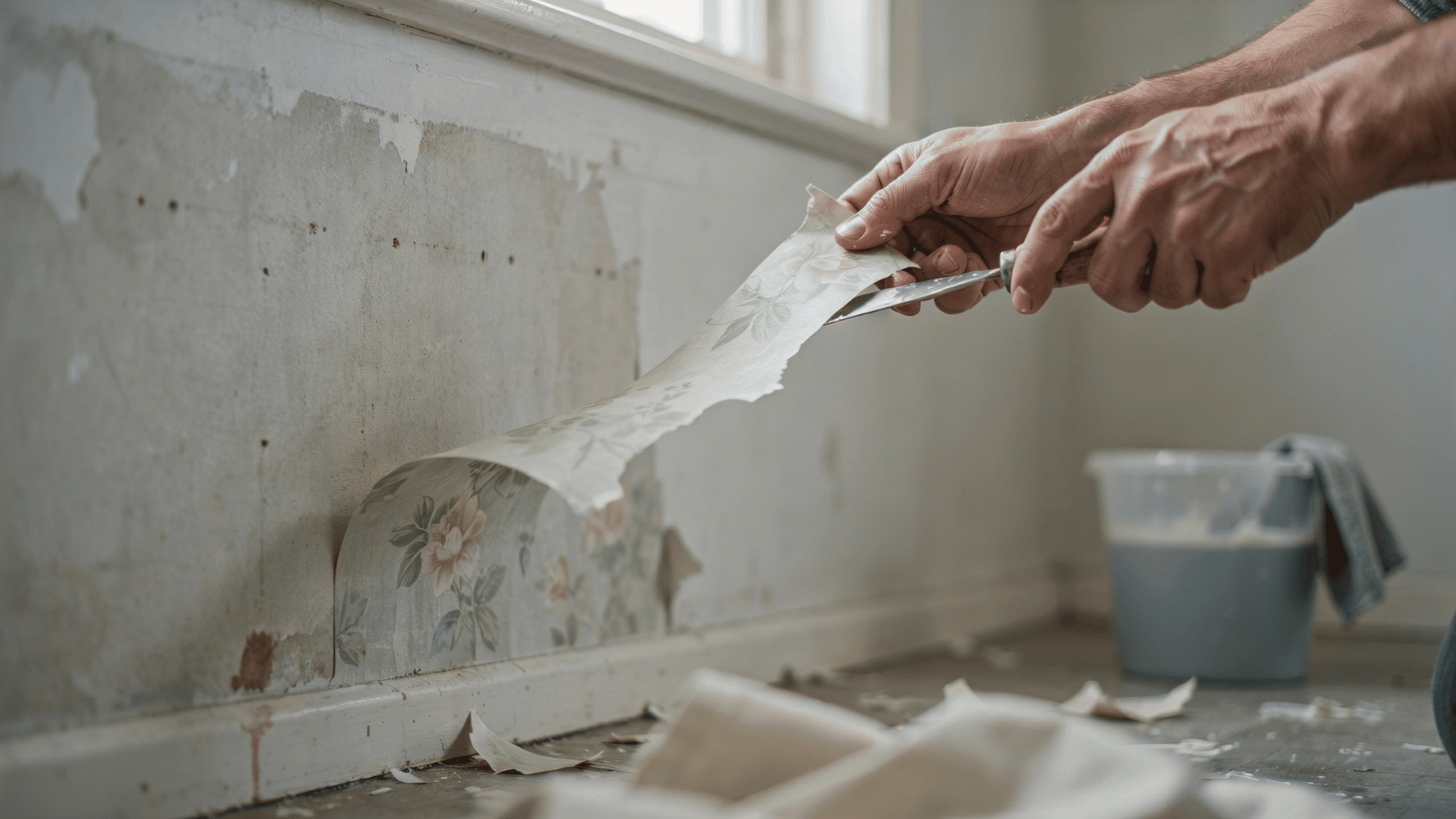 Hands scraping and peeling old floral wallpaper from a wall using a putty knife during renovation.