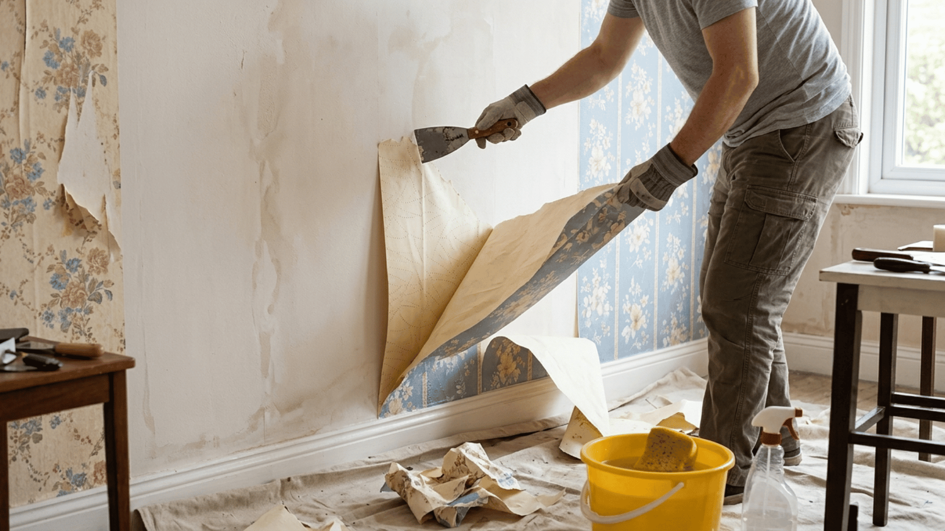 Man scraping and removing wallpaper during home renovation with tools and supplies nearby.