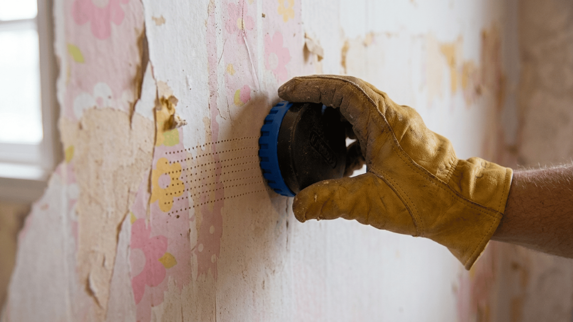 Gloved hand using a wallpaper scoring tool on old floral wallpaper to perforate the surface during removal.