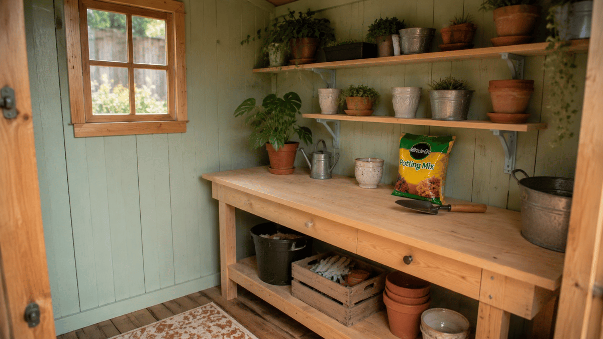 a minimal garden potting she shed interior simple wooden potting table different colored plant pots small soil bag hand trowel seed packets