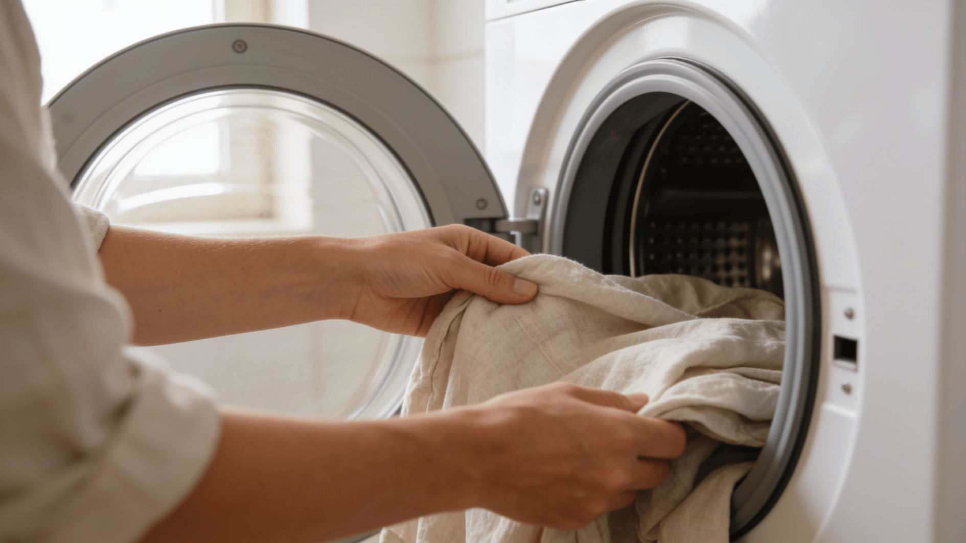 a person carefully removing slightly damp linen clothing from an open white tumble dryer