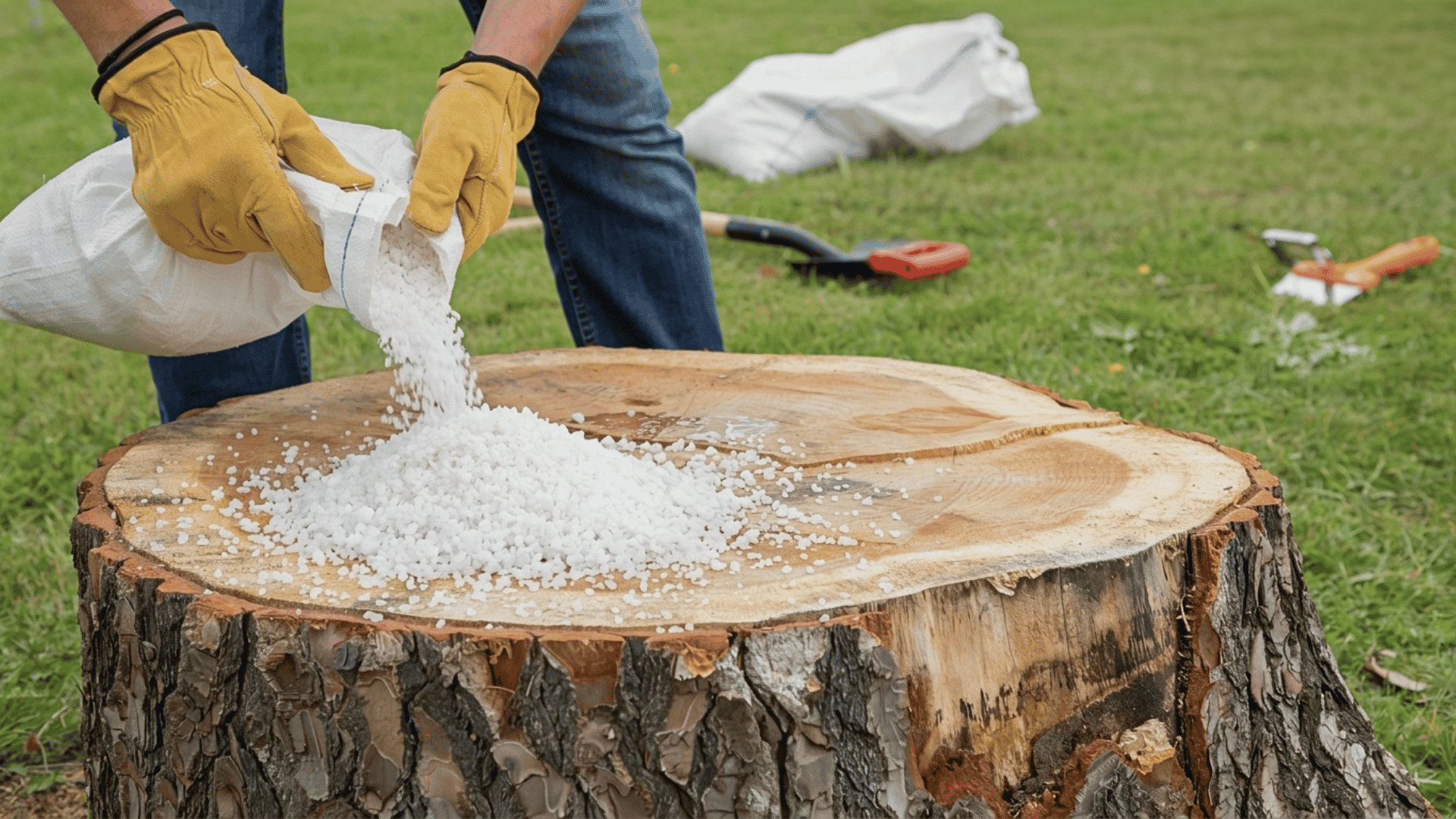 A person in work gloves pouring Epsom salt from a bag onto a large tree stump to rot it.